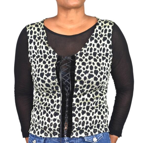Vintage Corset Lacing Shirt Black Mesh Animal Print 90s Pullover Stretchy Medium - Picture 12 of 16
